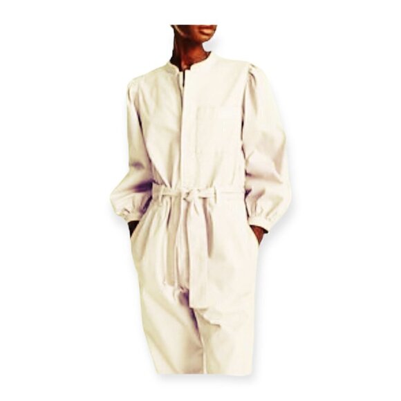 New with tag, J.Crew Puff-sleeve chino jumpsuit, Ivory, Size 2 - Picture 2 of 16